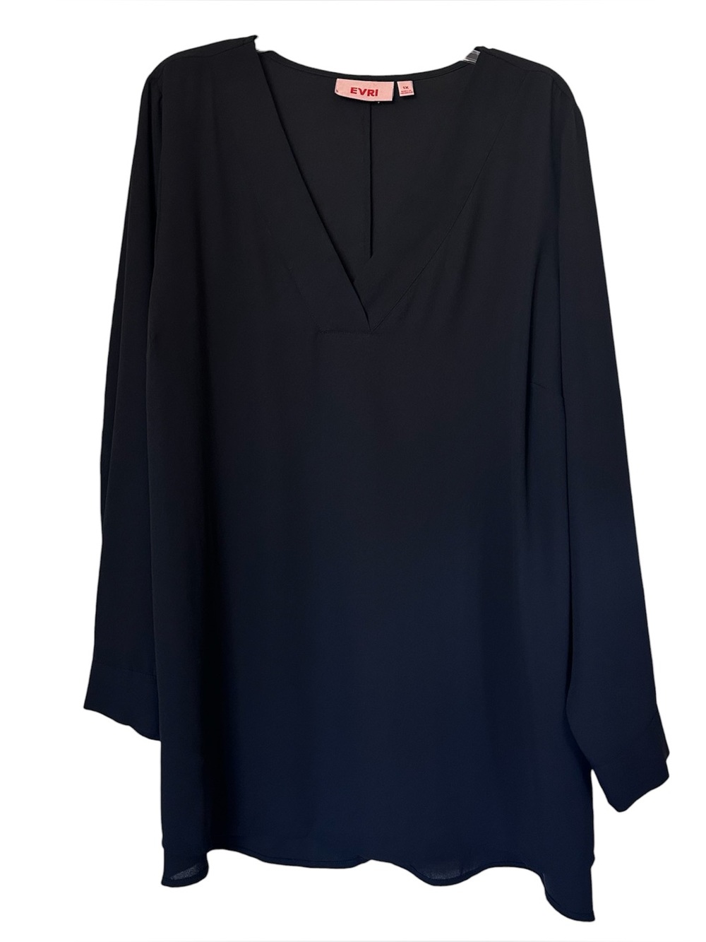 EVRI 1X Black V-Neck Tunic Blouse Long Sleeve Minimalist Office Capsule Wardrobe